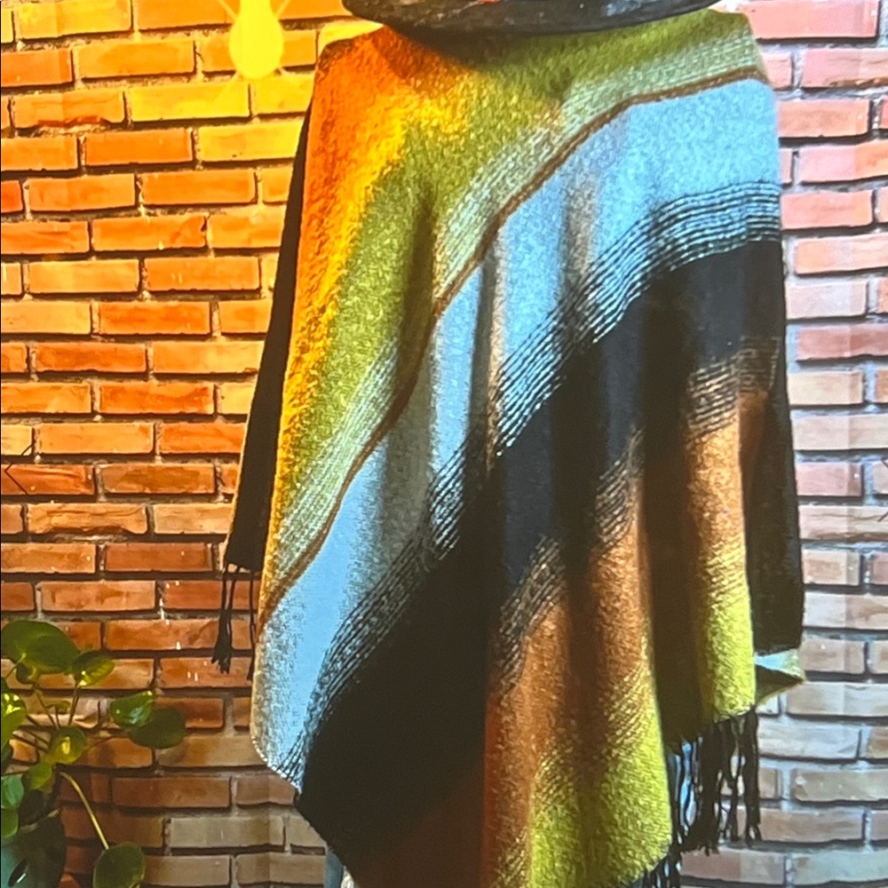 🧥 AZIZA Hooded Poncho - Fall Drama in Stripes & Fringe - OS / D